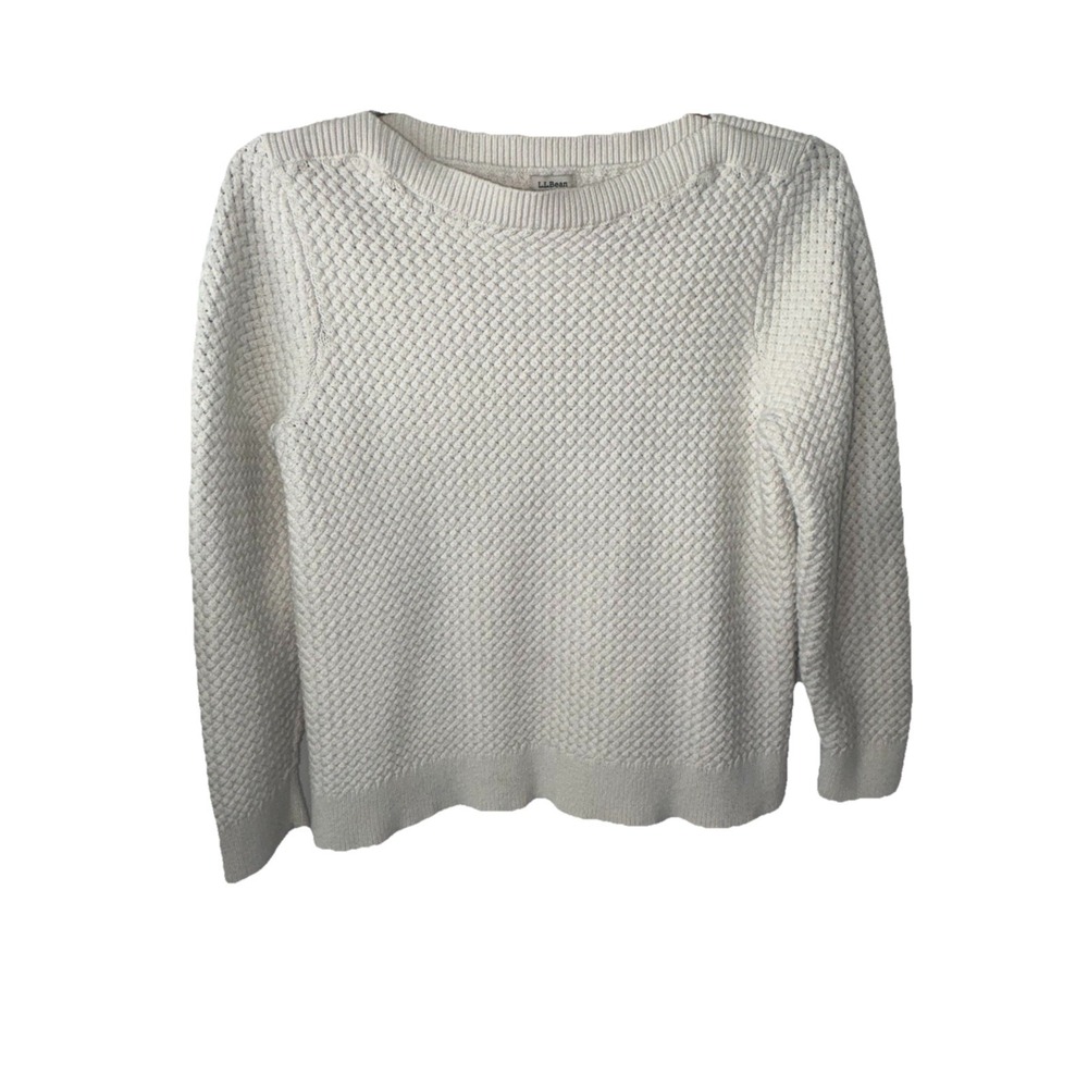 LL Bean Basket Weave Womans XL-Reg Fisherman Sweater Boat Neck Nautical Ivory - Picture 2 of 10